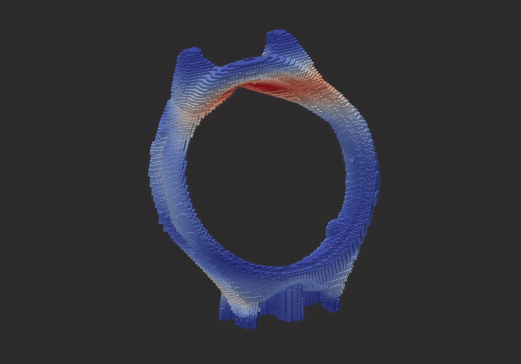 3D visualization of a dynamic, textured shape in blue and red tones against a dark background, illustrating software capabilities.
