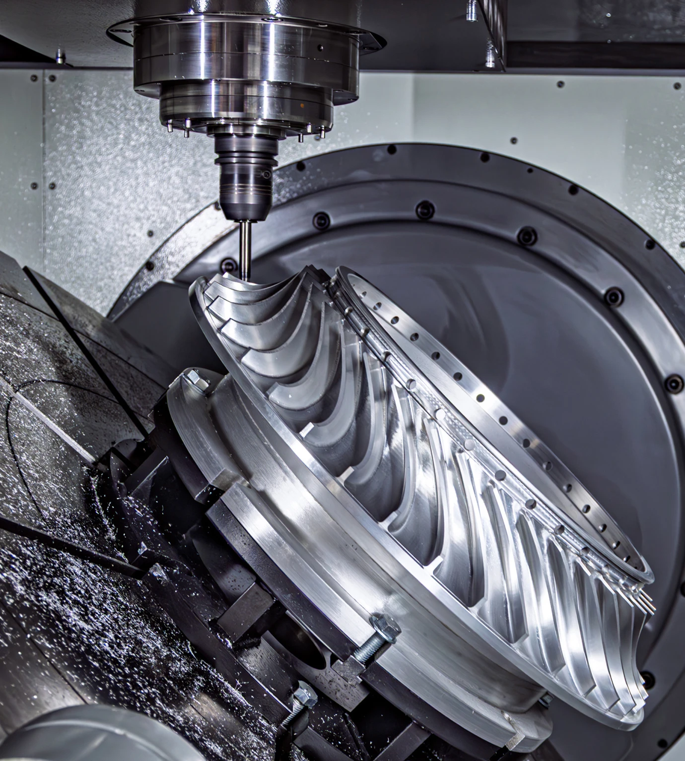 Precision machining process featuring a CNC machine cutting intricate metal components, with metal shavings visible.